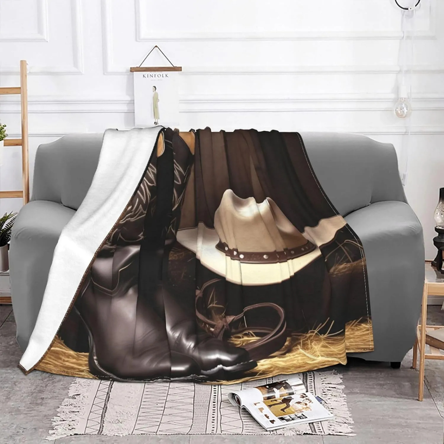 Cowboy Black Hat Western Boots Blankets for Couch Soft Fleece Throw Blanket Luxury Flannel Lap Blanket Gifts Lightweight Air Conditioning Blankets Fuzzy Cozy Throws for All Seasons