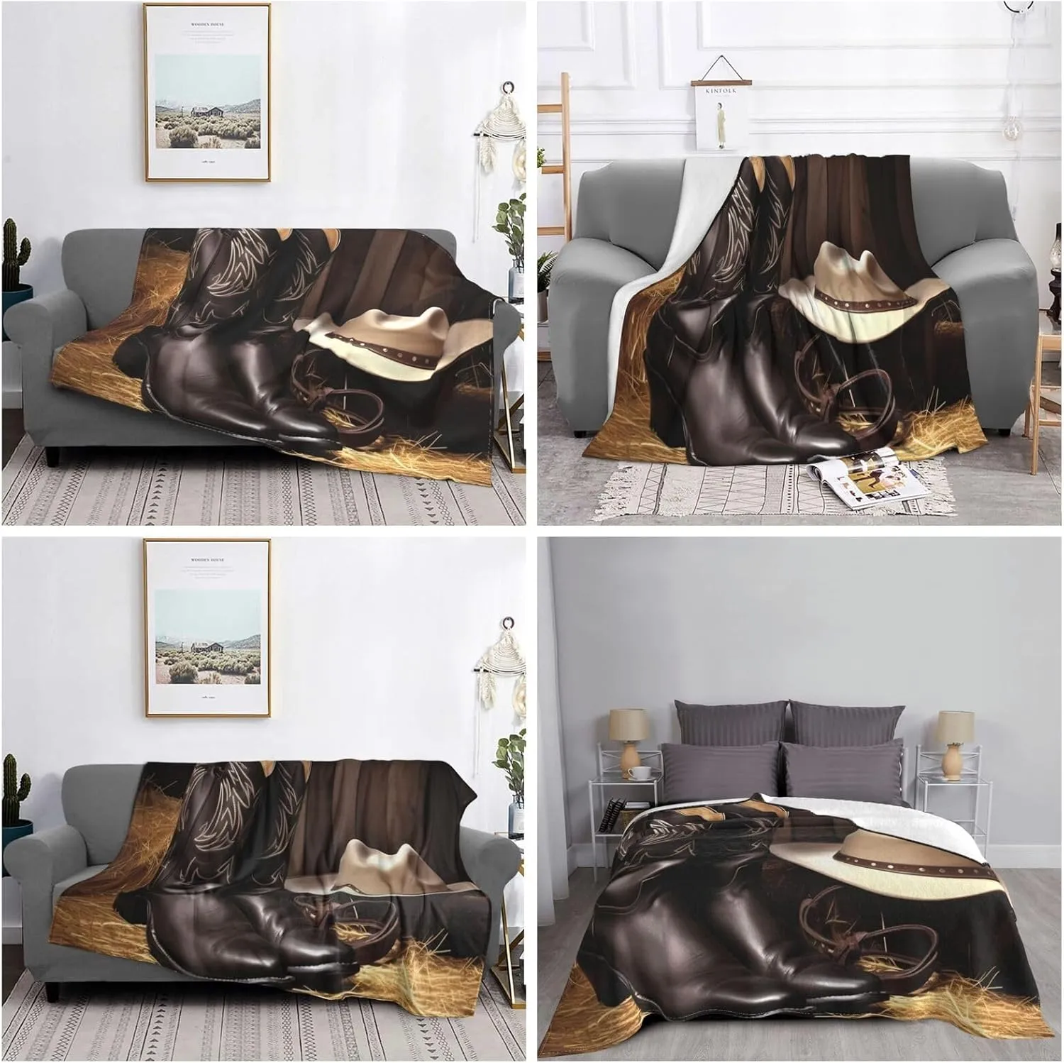 Cowboy Black Hat Western Boots Blankets for Couch Soft Fleece Throw Blanket Luxury Flannel Lap Blanket Gifts Lightweight Air Conditioning Blankets Fuzzy Cozy Throws for All Seasons