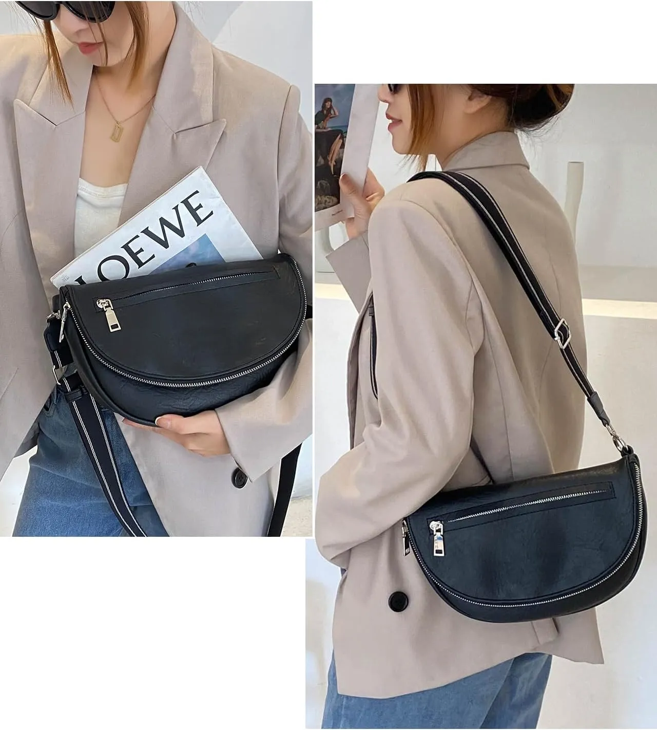 Crescent Bag for Women and Men, Fashion Medium PU Leather Folding Crescent Moon Bag Single Shoulder Bag with Adjustable Strap (Z-PU-Black)
