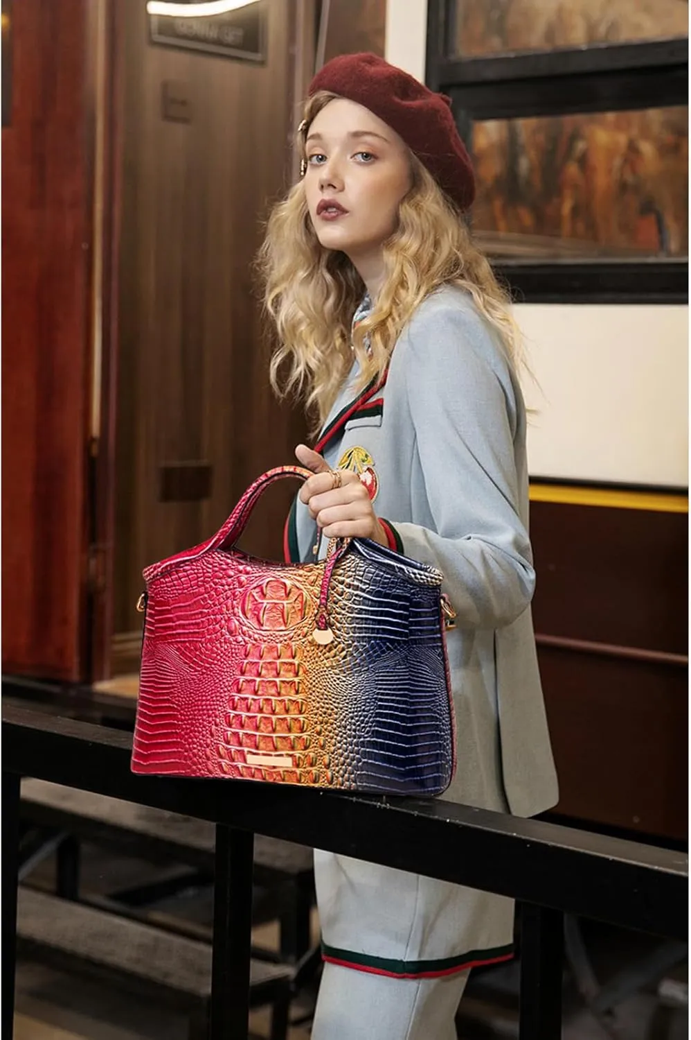 Crocodile Pattern Gradient Top Handle Satchel Large Capacity Tote Bag Casual Versatile Commuter Bag Leather