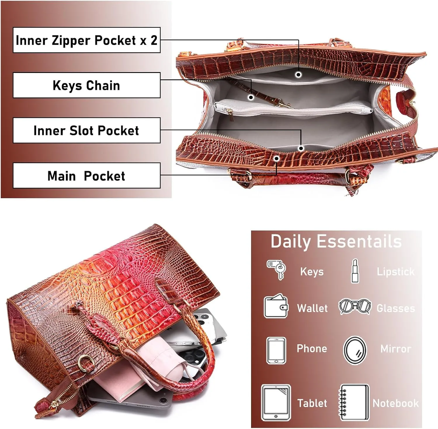 Crocodile Pattern Gradient Top Handle Satchel Large Capacity Tote Bag