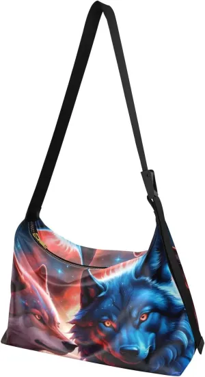 Crossbody Bag Large Capacity Leather Shoulder Bag Zipper Closure with Fabric Strap-Wolf Galaxy Mystical Print