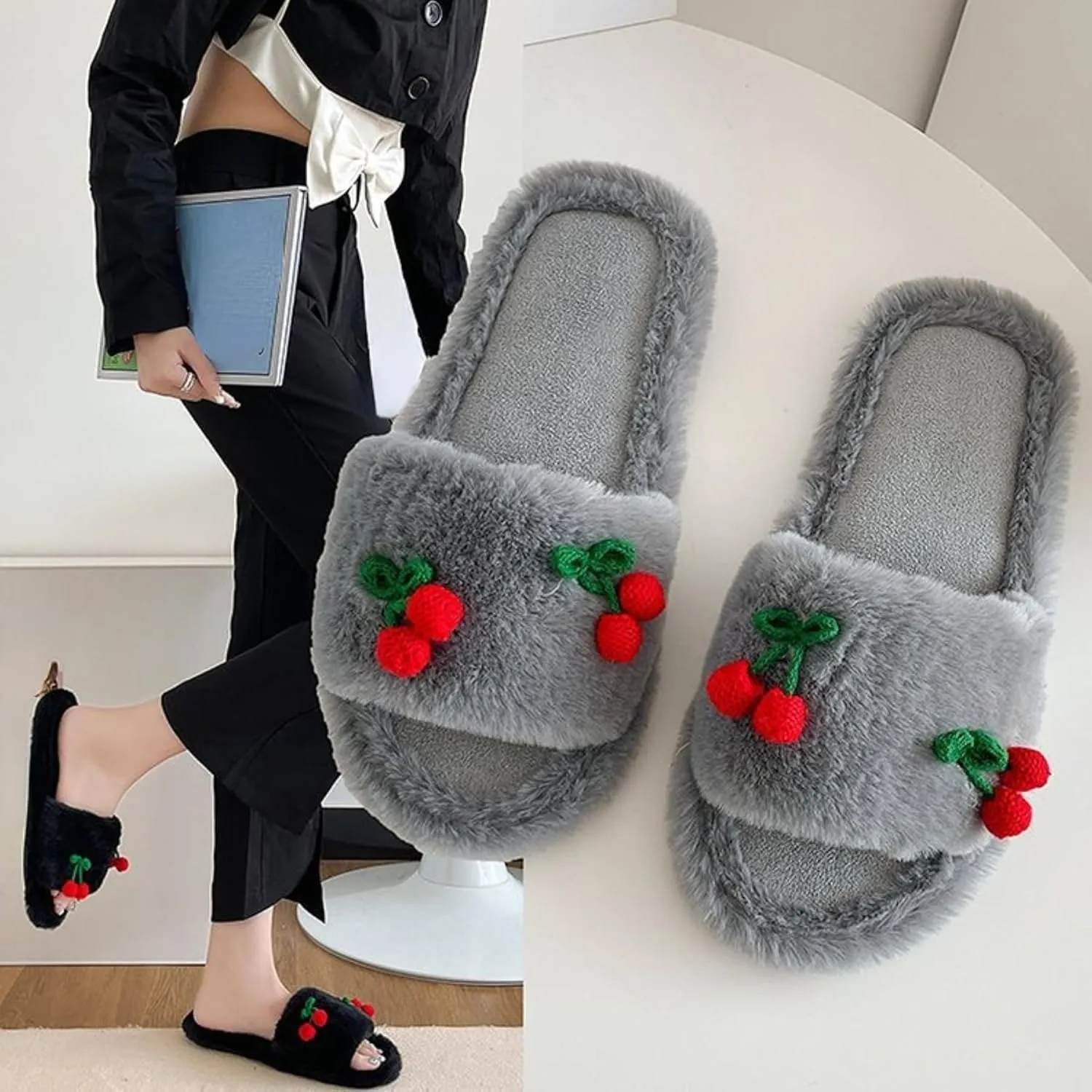 Cute Cherry Slippers for Women Indoor Cozy Soft Fuzzy House Slipper Winter Warm Plush Home Bedroom Shoes Slip On Lightweight