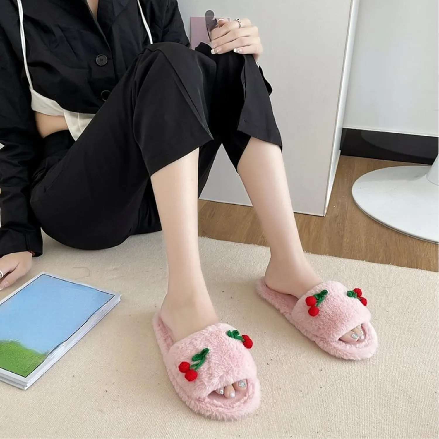 Cute Cherry Slippers for Women Indoor Cozy Soft Fuzzy House Slipper Winter Warm Plush Home Bedroom Shoes Slip On Lightweight