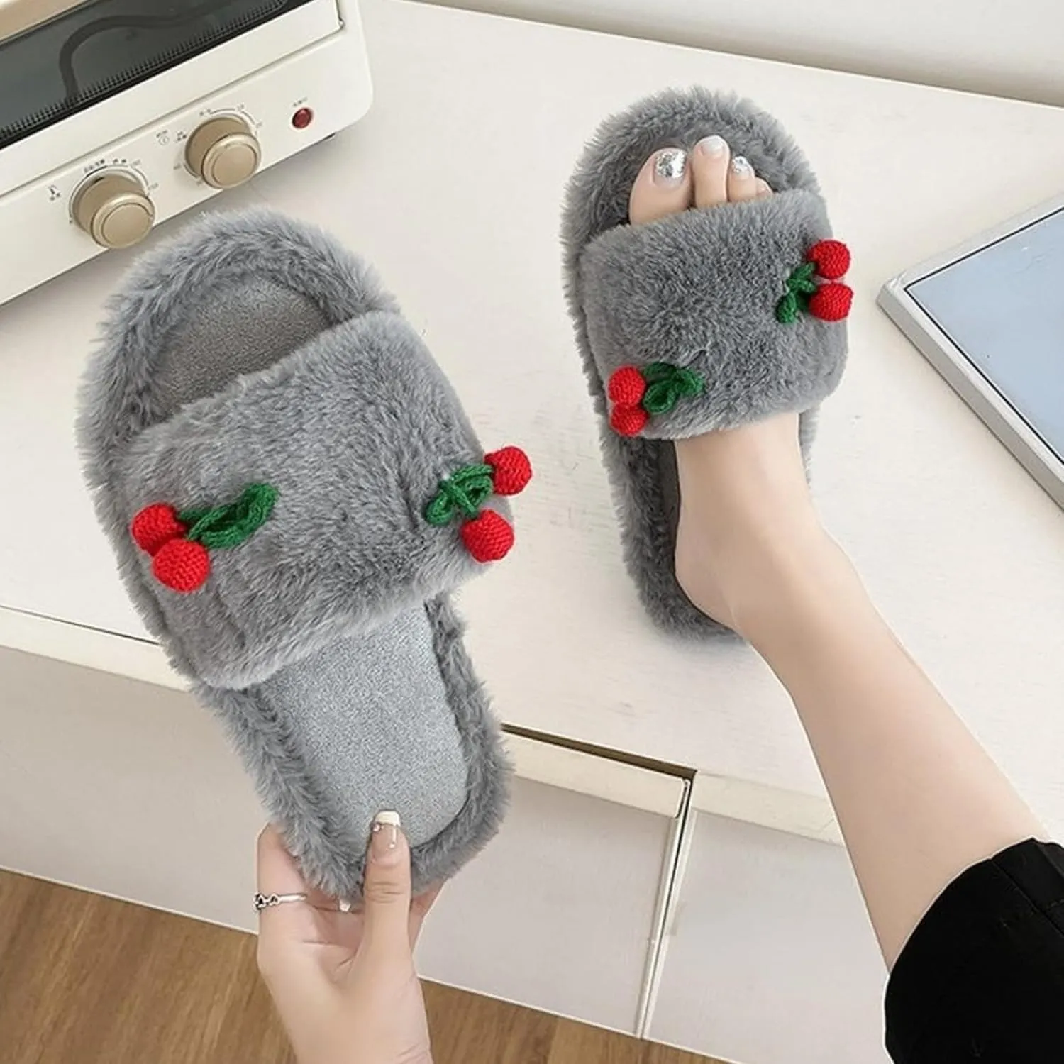 Cute Cherry Slippers for Women Indoor Cozy Soft Fuzzy House Slipper Winter Warm Plush Home Bedroom Shoes Slip On Lightweight