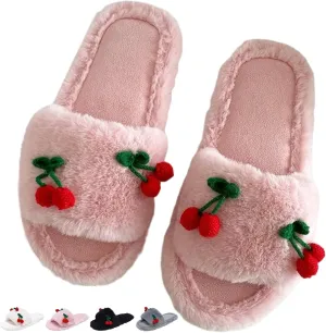 Cute Cherry Slippers for Women Indoor Cozy Soft Fuzzy House Slipper Winter Warm Plush Home Bedroom Shoes Slip On Lightweight