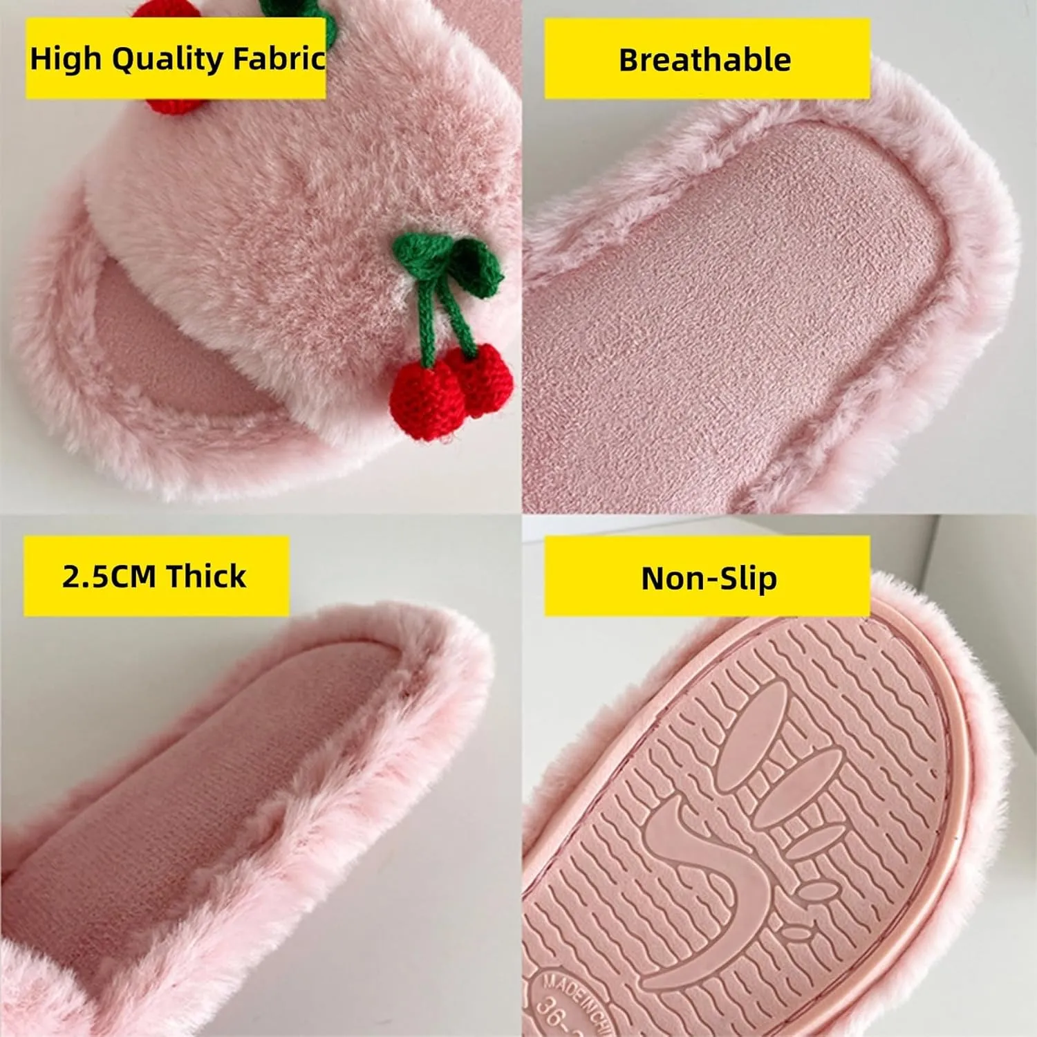 Cute Cherry Slippers for Women Indoor Cozy Soft Fuzzy House Slipper Winter Warm Plush Home Bedroom Shoes Slip On Lightweight
