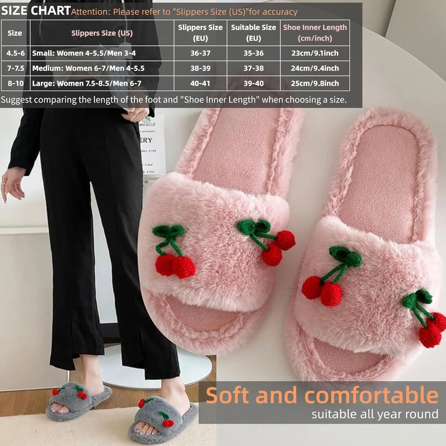 Cute Cherry Slippers for Women Indoor Cozy Soft Fuzzy House Slipper Winter Warm Plush Home Bedroom Shoes Slip On Lightweight