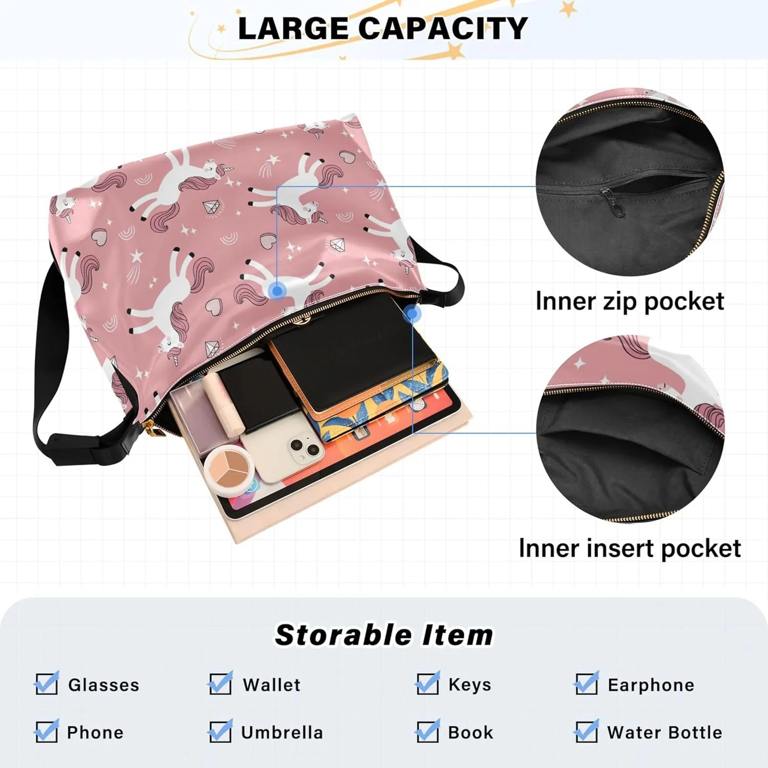 Cute Unicorns Diamonds Pink Women Leather Handbags Hobo Large Purse Crossbody Animal Print Simple Shoulder Bag