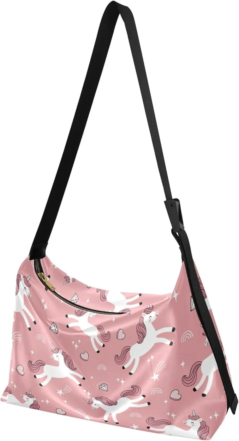Cute Unicorns Diamonds Pink Women Leather Handbags Hobo Large Purse Crossbody Animal Print Simple Shoulder Bag