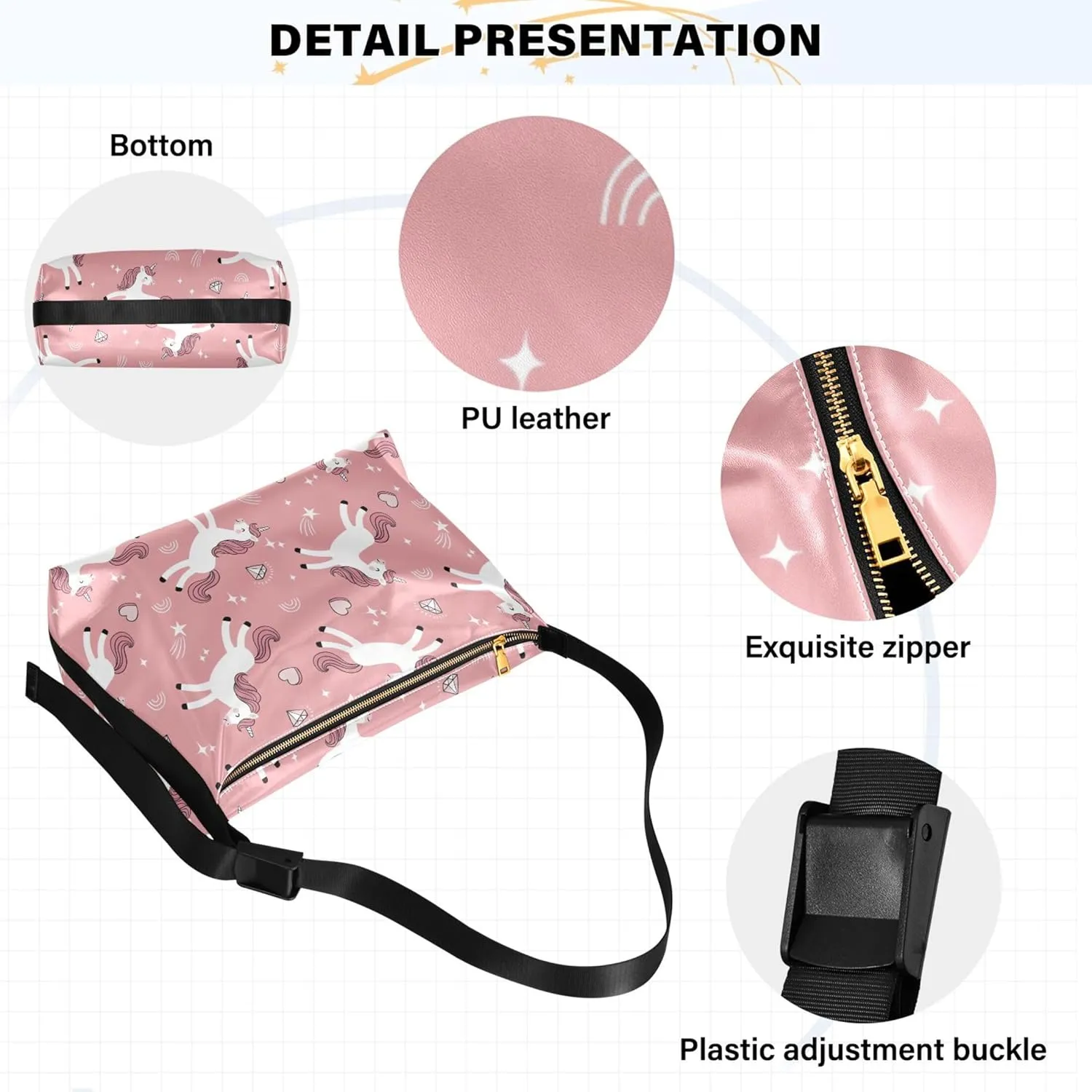 Cute Unicorns Diamonds Pink Women Leather Handbags Hobo Large Purse Crossbody Animal Print Simple Shoulder Bag