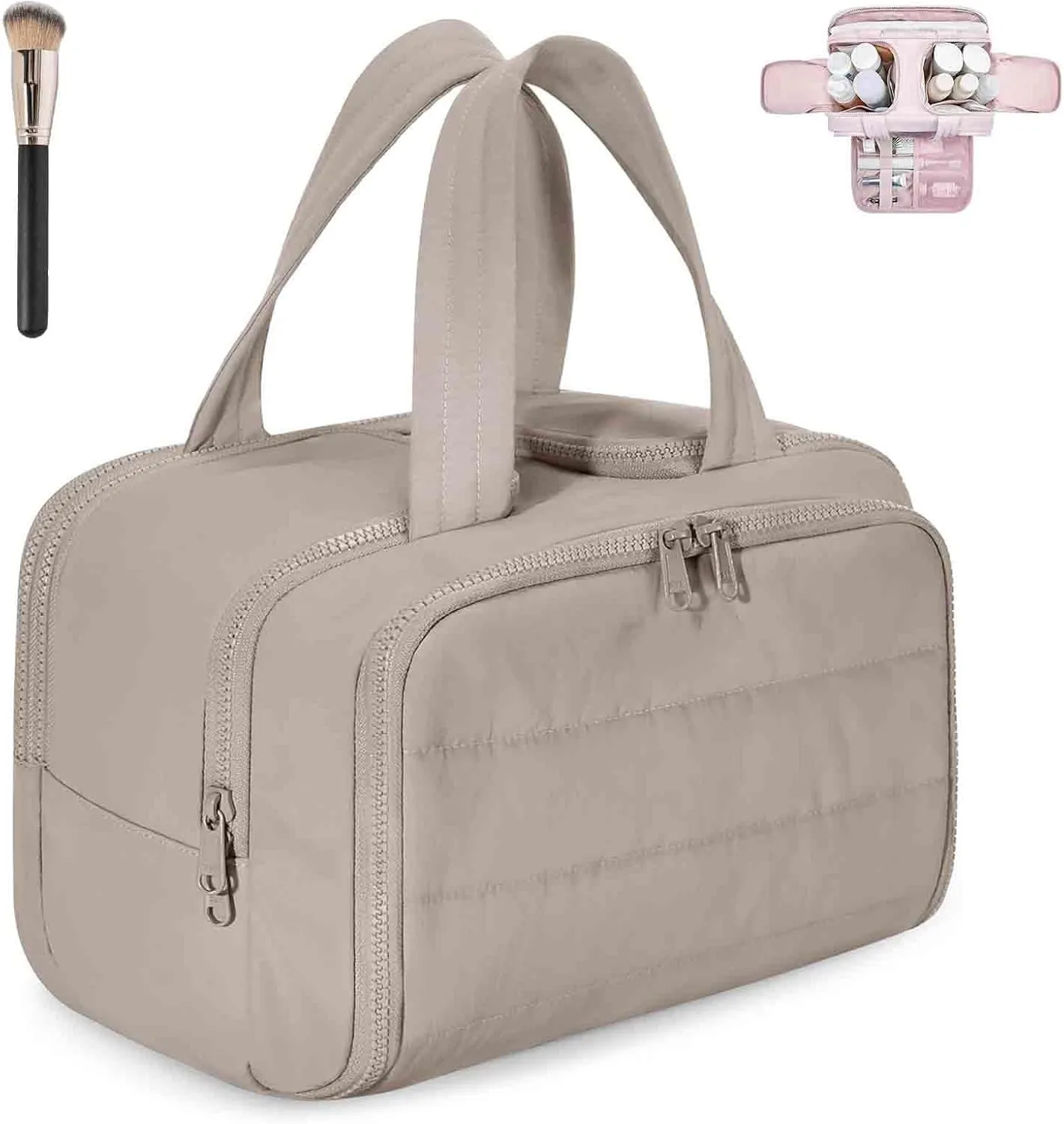 Decisive Makeup Bag, Elouva Toiletry Bag, Curetoaway Large Capacity Wide-Open Travel Cosmetic Bags, 4-in-1 Multi-Functional Waterproof Organizer Lightweight Portable, for Toiletries Storage (Khaki)