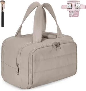 Decisive Makeup Bag, Elouva Toiletry Bag, Curetoaway Large Capacity Wide-Open Travel Cosmetic Bags, 4-in-1 Multi-Functional Waterproof Organizer Lightweight Portable, for Toiletries Storage (Khaki)
