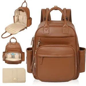 Diaper Bag Backpack,Leather Baby Bag with 16 Pockets,Large Travel Diaper Backpack,Baby Essential Organizer,4 Insulated Pockets,Changing Pad,Brown