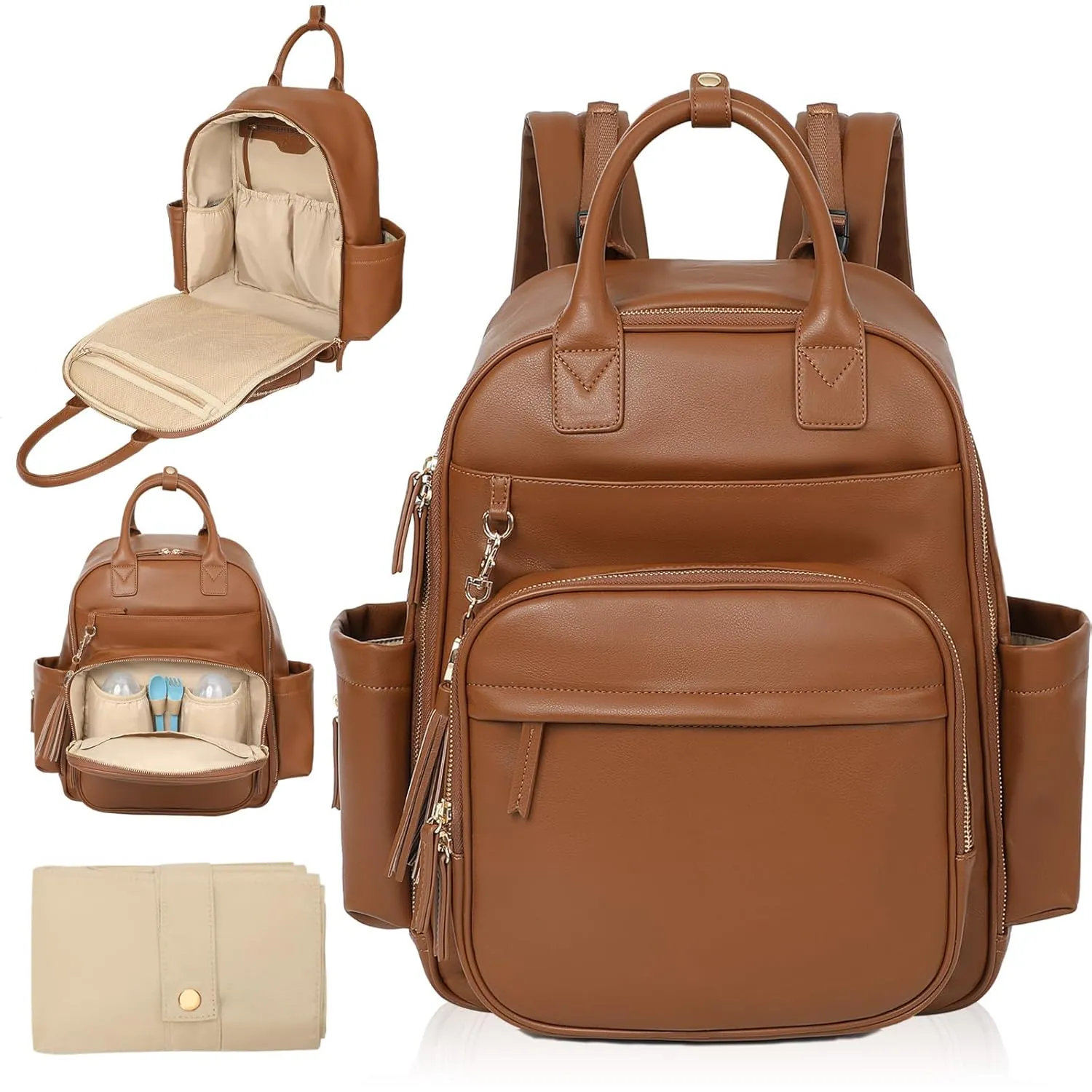 Diaper Bag Backpack,Leather Baby Bag with 16 Pockets,Large Travel Diaper Backpack,Baby Essential Organizer,4 Insulated Pockets,Changing Pad,Brown