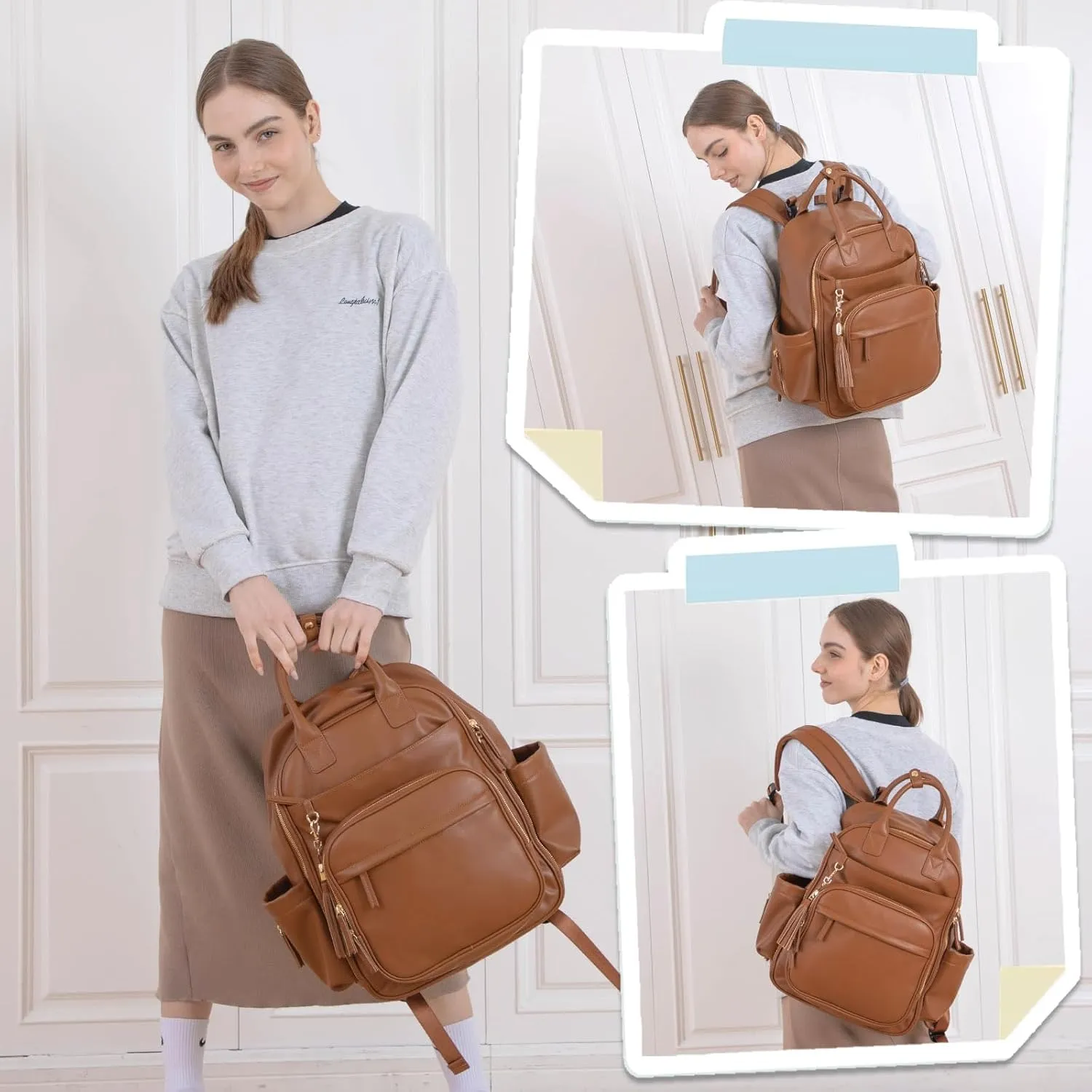Diaper Bag Backpack,Leather Baby Bag with 16 Pockets,Large Travel Diaper Backpack,Baby Essential Organizer,4 Insulated Pockets,Changing Pad,Brown