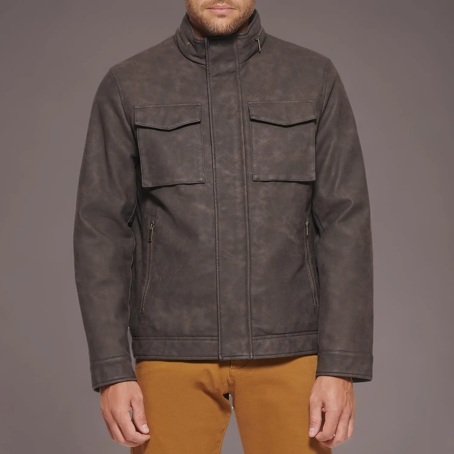Dockers Men's Faux Leather Military Jacket