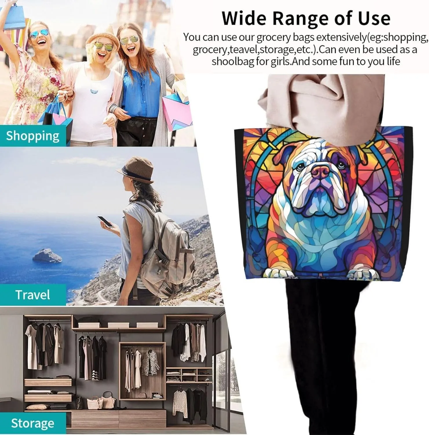 Dog Breed Glass Art Women Shoulder Handbags Reusable Large Capacity Casual Tote Bag