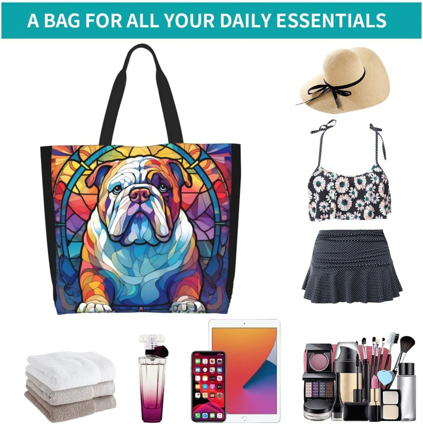Dog Breed Glass Art Women Shoulder Handbags Reusable Large Capacity Casual Tote Bag