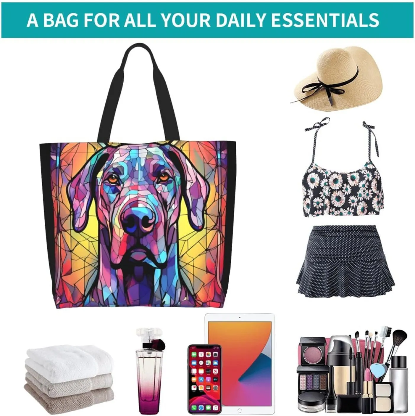 Dog Breed Glass Art Women Shoulder Handbags Reusable Large Capacity Casual Tote Bag