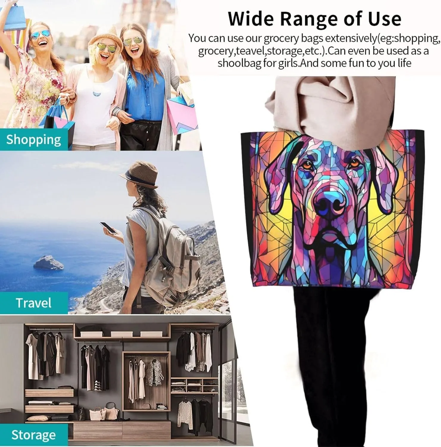 Dog Breed Glass Art Women Shoulder Handbags Reusable Large Capacity Casual Tote Bag