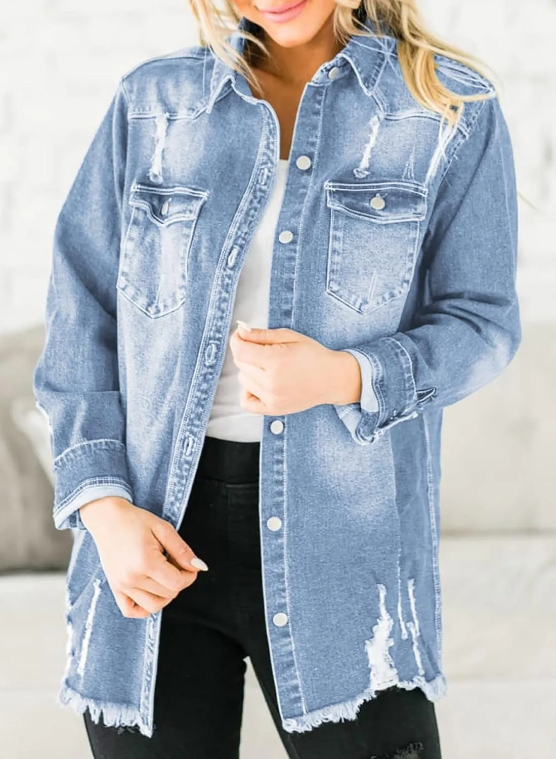 Dokotoo Women's Oversized Denim Jacket Casual Long Sleeve Denim Shirts Distresse Jean Jacket 2025 Spring Outfits