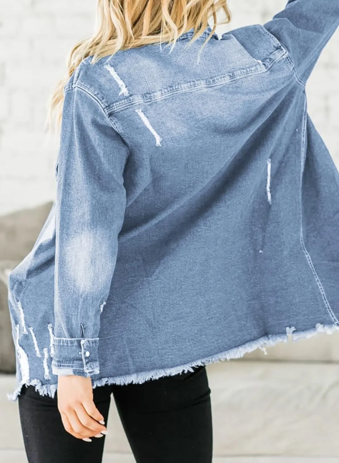 Dokotoo Women's Oversized Denim Jacket Casual Long Sleeve Denim Shirts Distresse Jean Jacket 2025 Spring Outfits