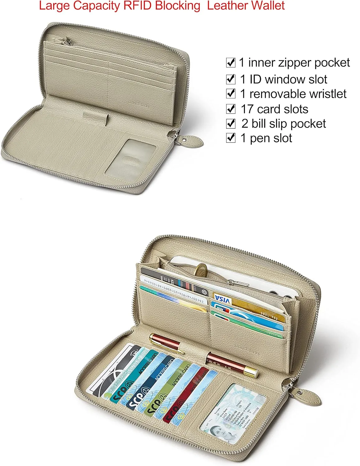DORIS&JACKY Women Leather Wallet Rfid Blocking Large Capacity Zipper Around Travel Wristlet Bags