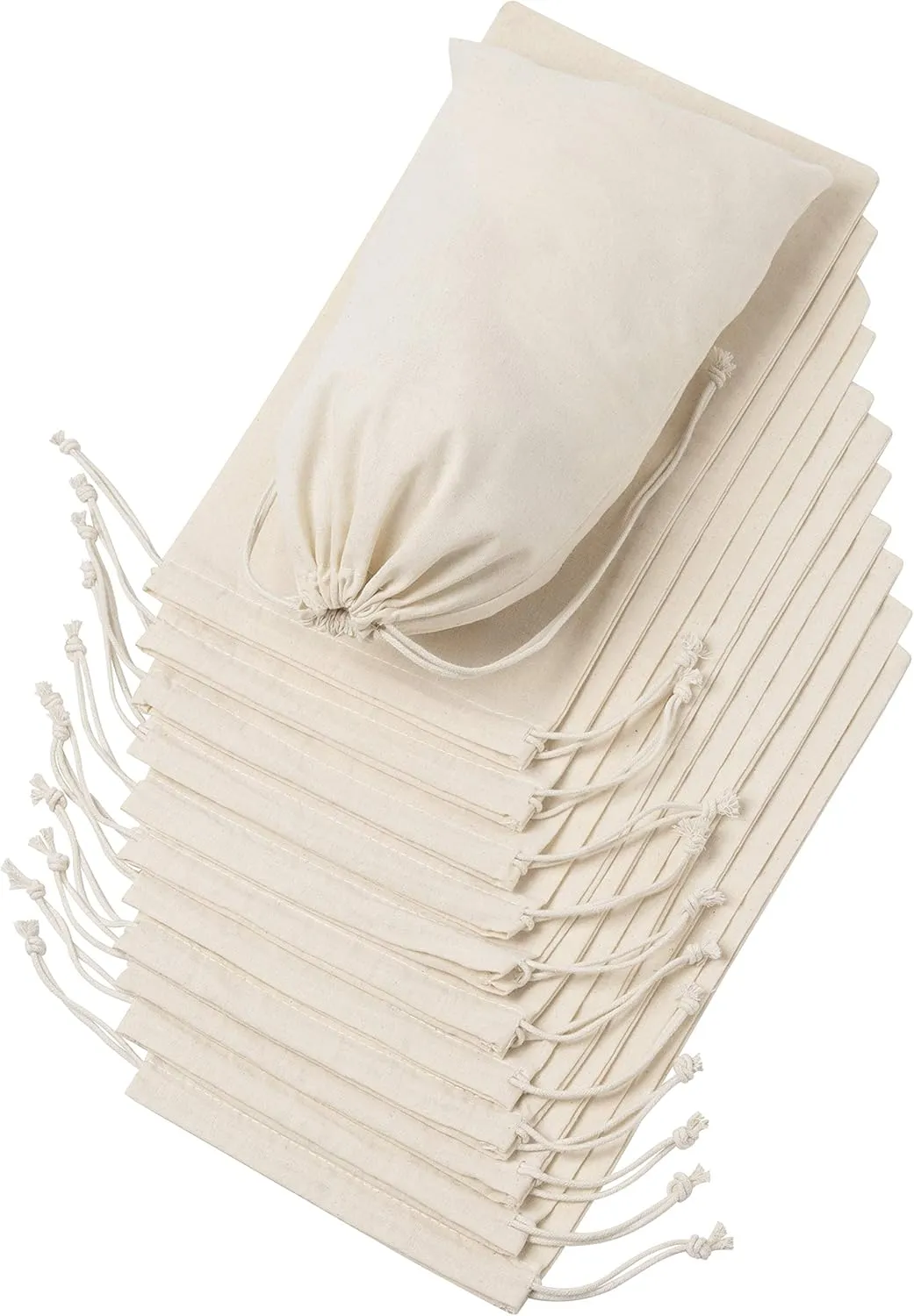 DR 100 Percent Cotton Muslin Drawstring Bags 12-Pack For Storage Pantry Gifts - Unbleached (7 x 12 inch, Beige)