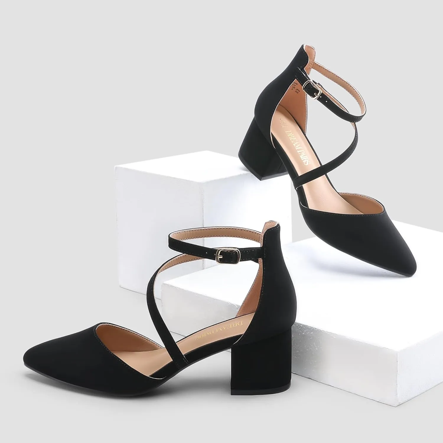 DREAM PAIRS Women's Closed Pointed Toe Low Chunky Heels Pumps Ankle Strap Wedding Business Dressy Shoes