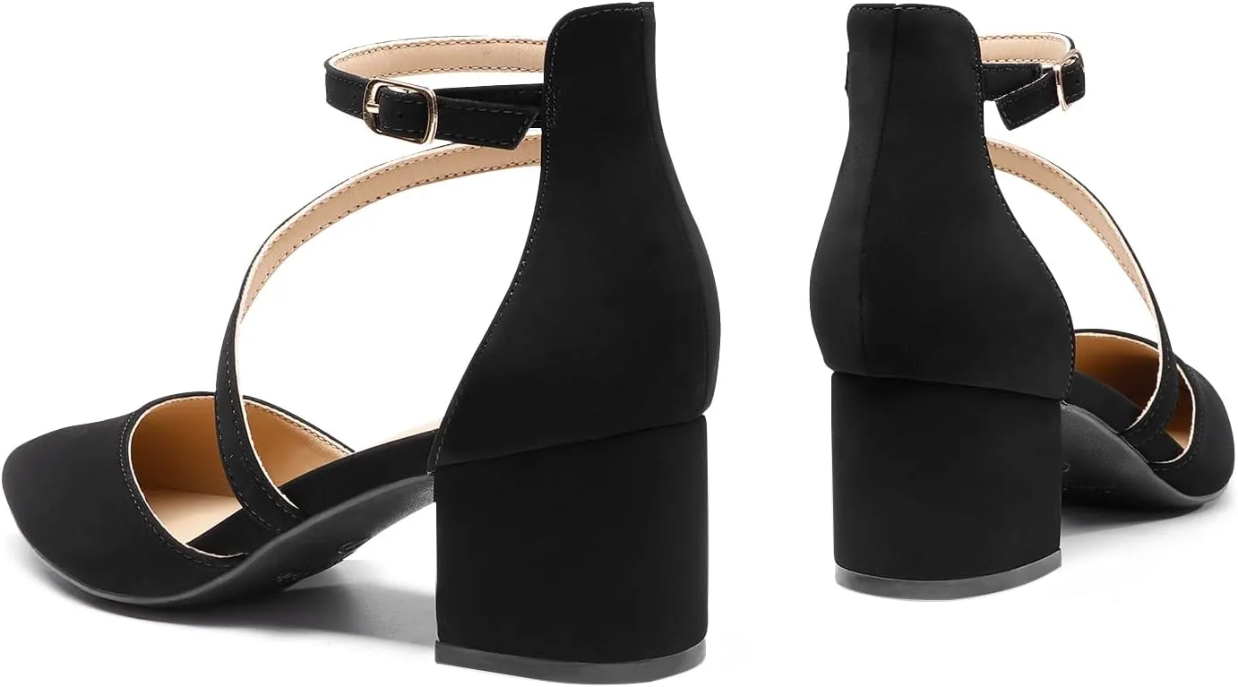 DREAM PAIRS Women's Closed Pointed Toe Low Chunky Heels Pumps Ankle Strap Wedding Business Dressy Shoes