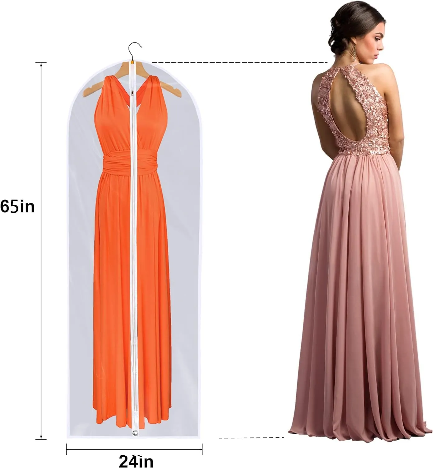 Dress Bags for Gowns Long - Foldable, 65" Clear Garment Bags for Closet Storage and Travel 24"x65"/ 4 Pack