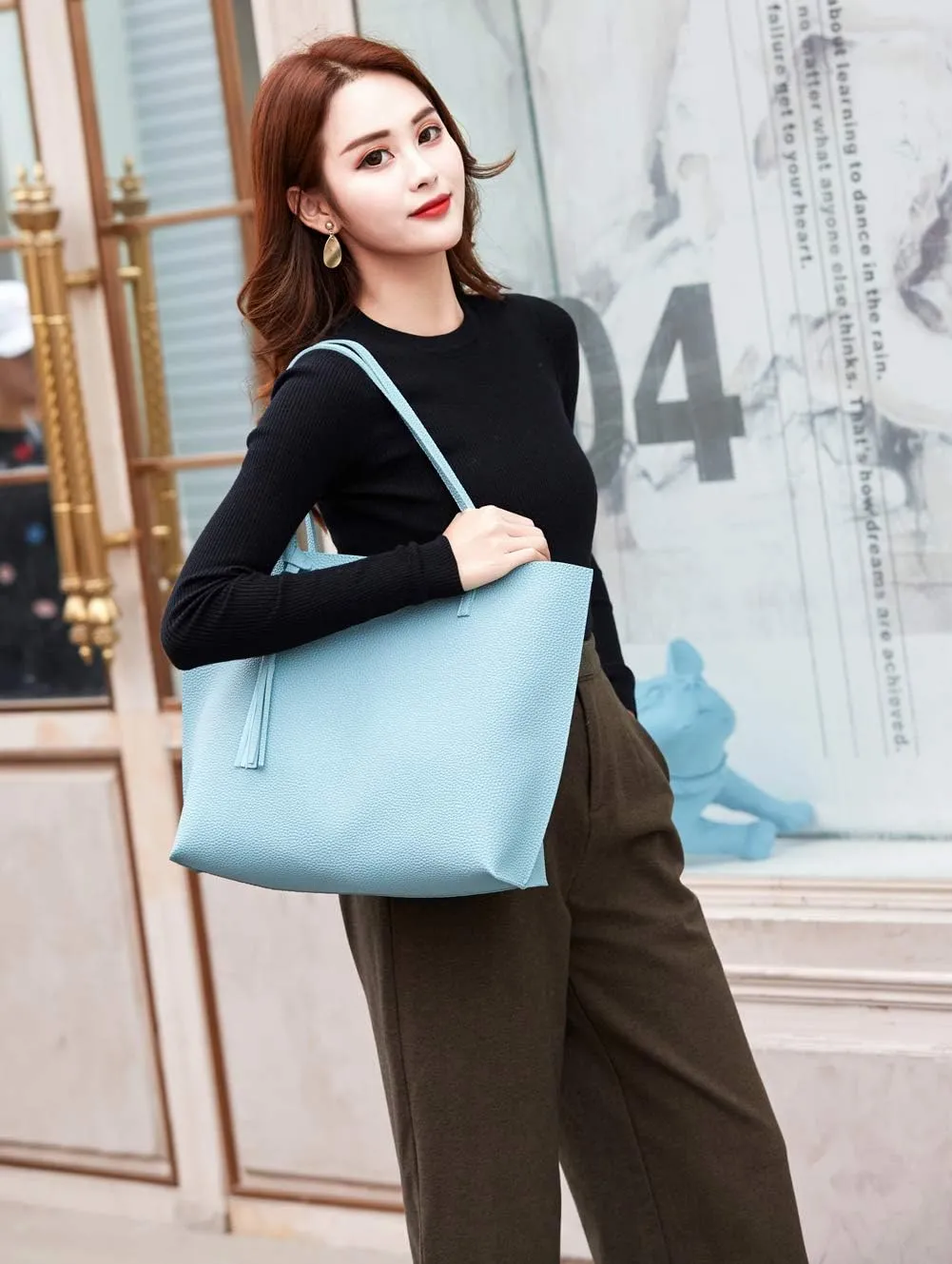 Dreubea Women's Soft Faux Leather Tote Shoulder Bag from, Big Capacity Tassel Handbag