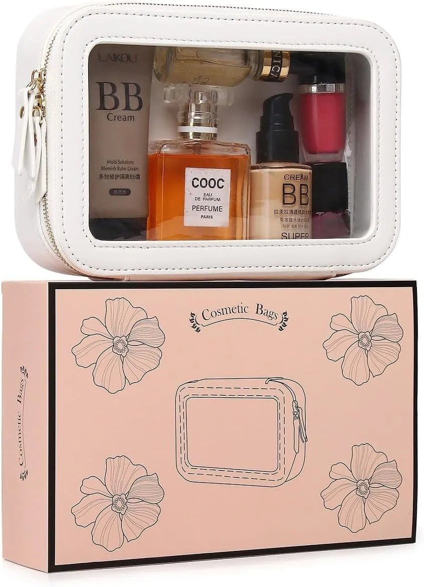 Duolan Clear Makeup Bag Portable Transparent Cosmetic Bag Organizer Clear Travel Makeup Case Toiletry Bag Makeup Bag for Car with Zipper for Women (A/White, M)