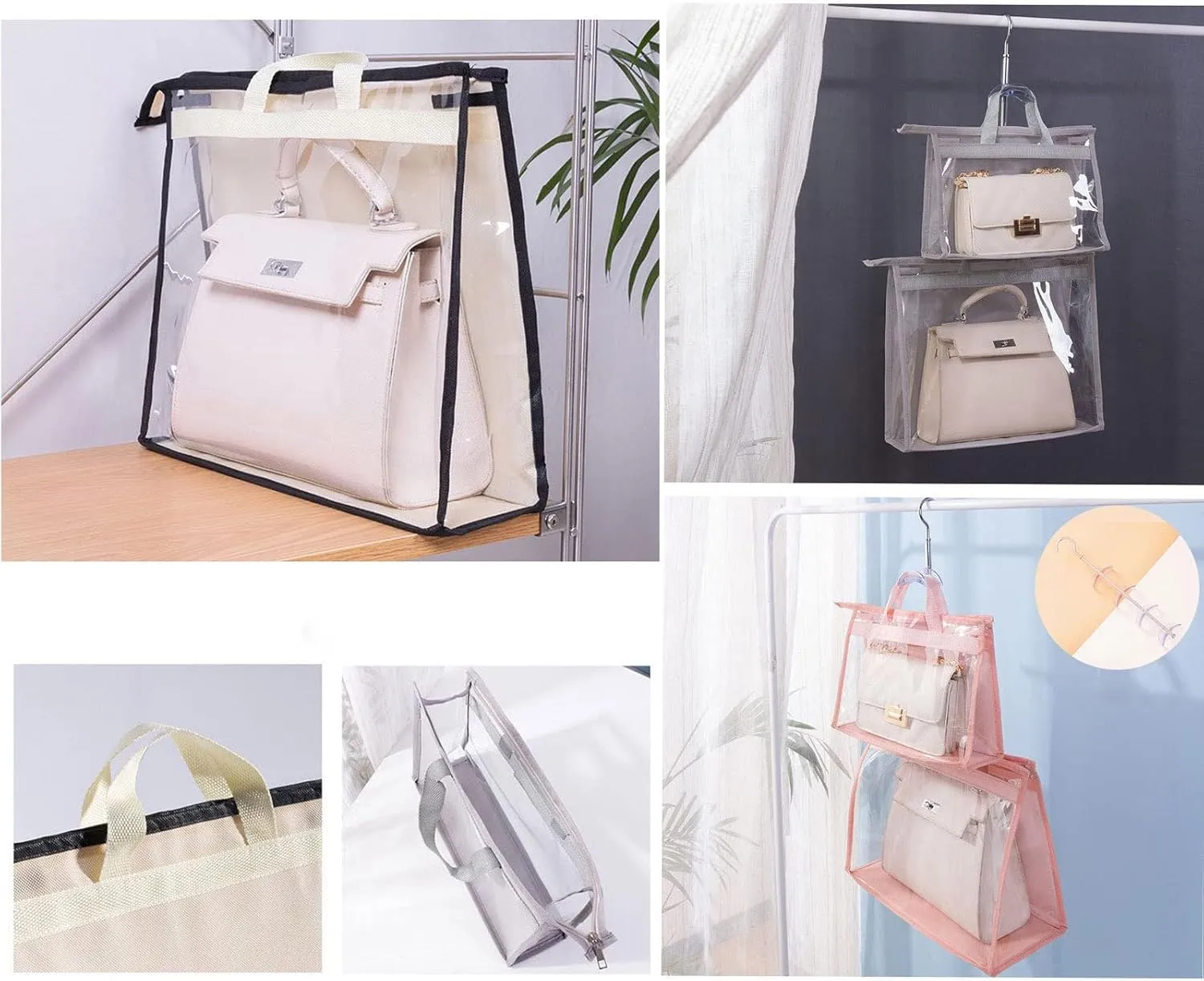 Dust Bags for Handbags - Purse Storage Organizer for Closet Moistureproof and Dustproof Cover Hanging with Zipper and Handle (Black-L)
