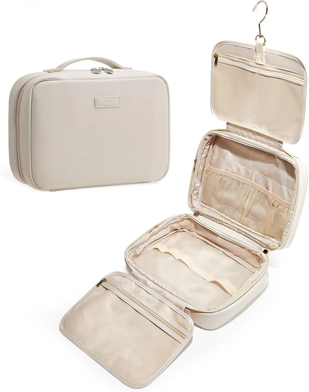 EACHY Toiletry Bag with Hanging Hook, Travel Makeup Bag PU Leather Cosmetic Bags for Women Make Up Organizer with 4 Compartments Waterproof Full-Size Portable Travel Essentials (Beige)