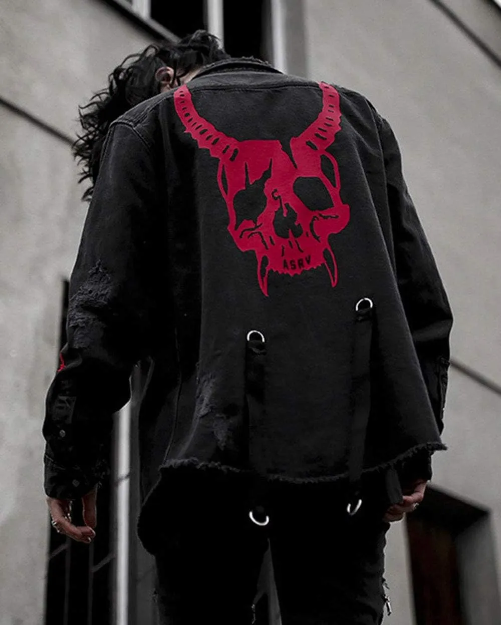 ebossy Men's Skull/Cobra Print Hipster Hip-Hop Distressed Frayed Denim Jean Jacket