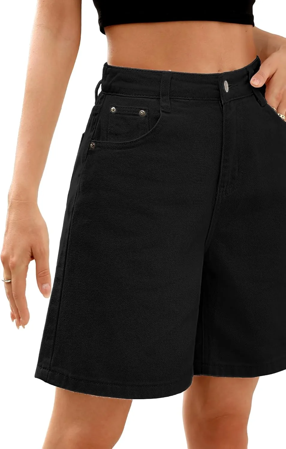 ELLEVEN Bermuda Jorts Baggy Jean Shorts - Casual Loose Fit Wide Leg Knee Length Denim Shorts with Elastic Waist