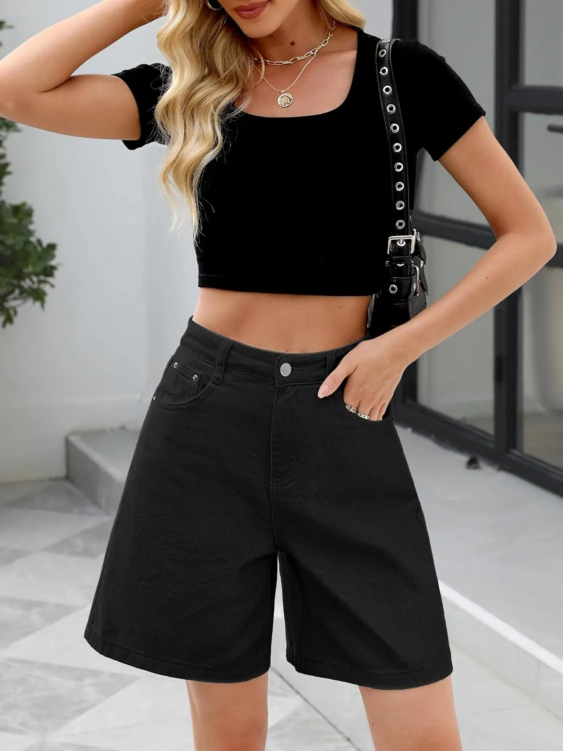 ELLEVEN Bermuda Jorts Baggy Jean Shorts - Casual Loose Fit Wide Leg Knee Length Denim Shorts with Elastic Waist