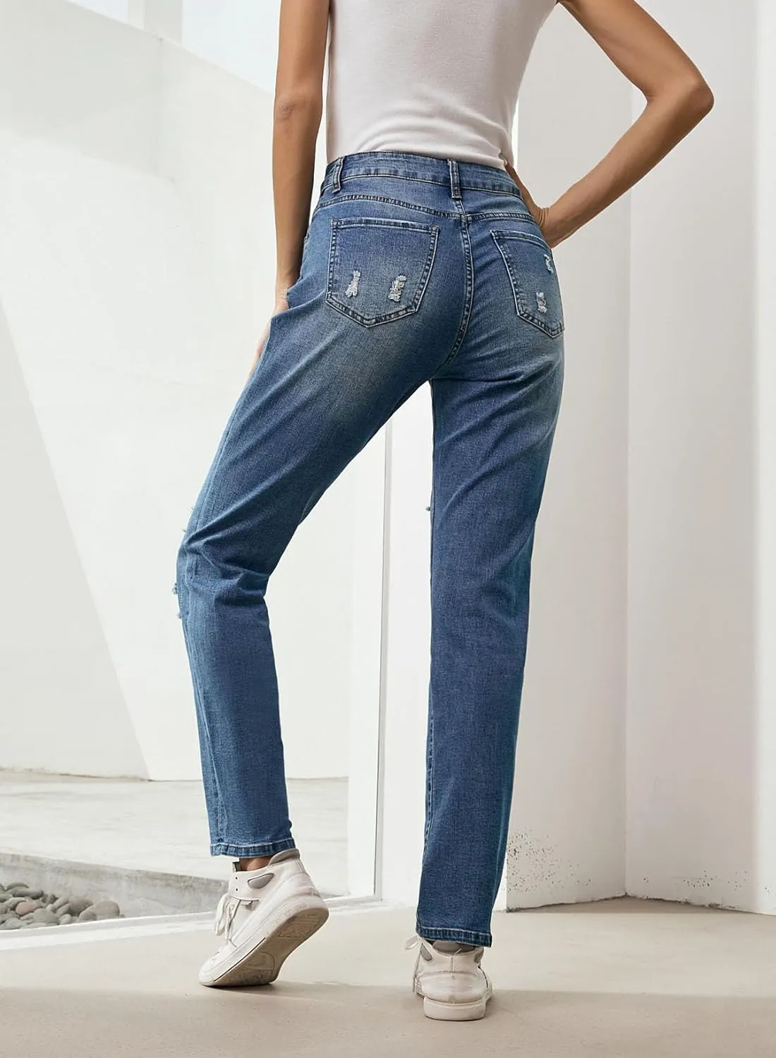 EVALESS Ripped Jeans for Women Plaid Patch Boyfriend Skinny Distressed Denim Jean Pants
