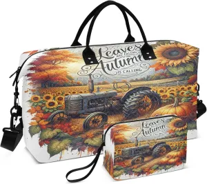 Exnundod Women Weekender Bags Artistic Autumn Old Tractor Travel Duffel Bags Carry On Overnight Bag Sunflower Pumpkin Large Hospital Tote Luggage