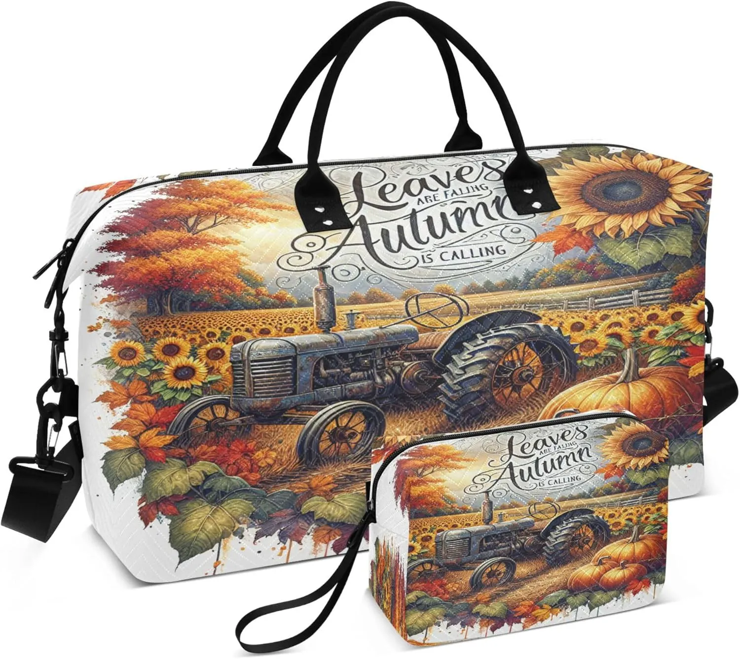 Exnundod Women Weekender Bags Artistic Autumn Old Tractor Travel Duffel Bags Carry On Overnight Bag Sunflower Pumpkin Large Hospital Tote Luggage