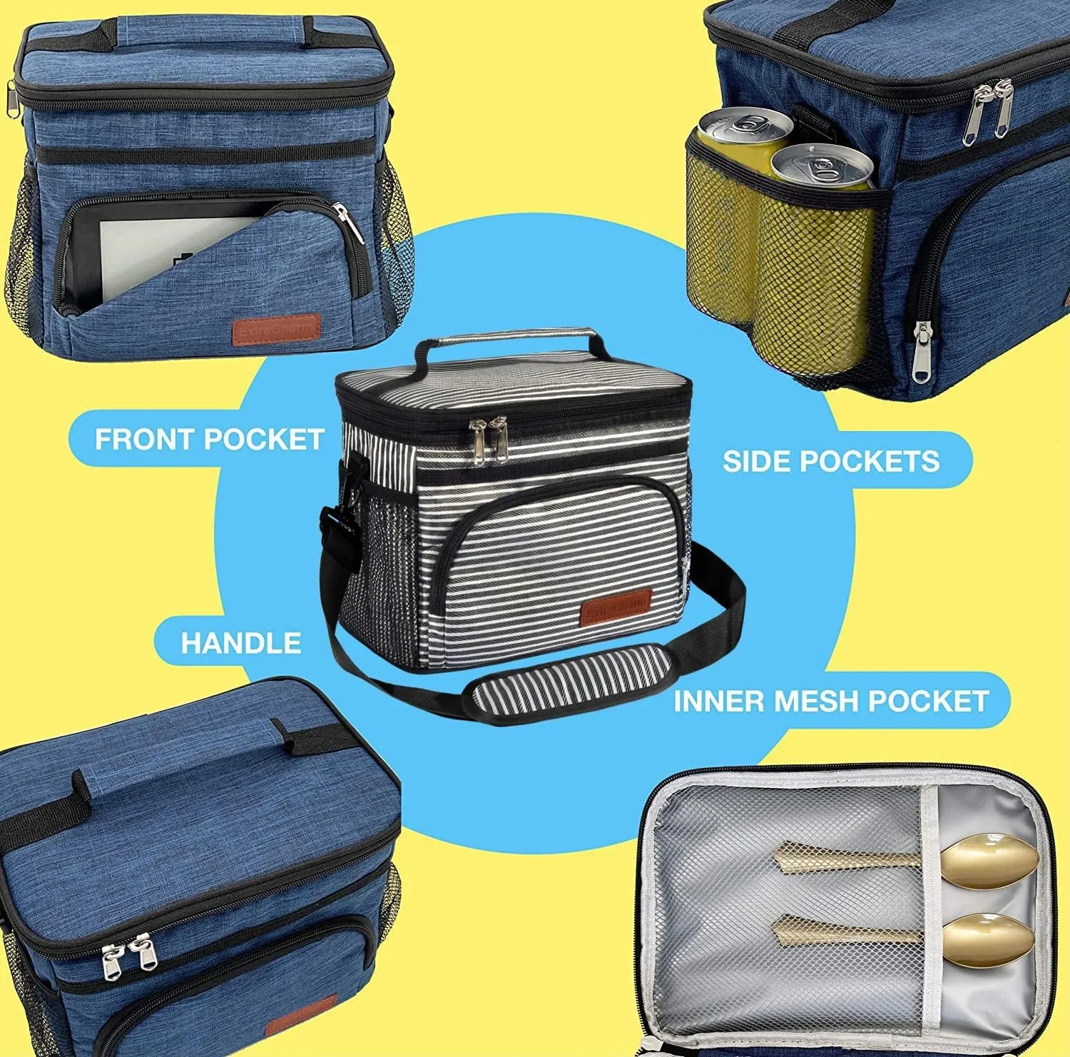 ExtraCharm Insulated Lunch Bag for Women/Men - Reusable Lunch Box for Office Picnic Hiking Beach - Leakproof Cooler Tote Bag Organizer with Adjustable Shoulder Strap for Adults - Stripe