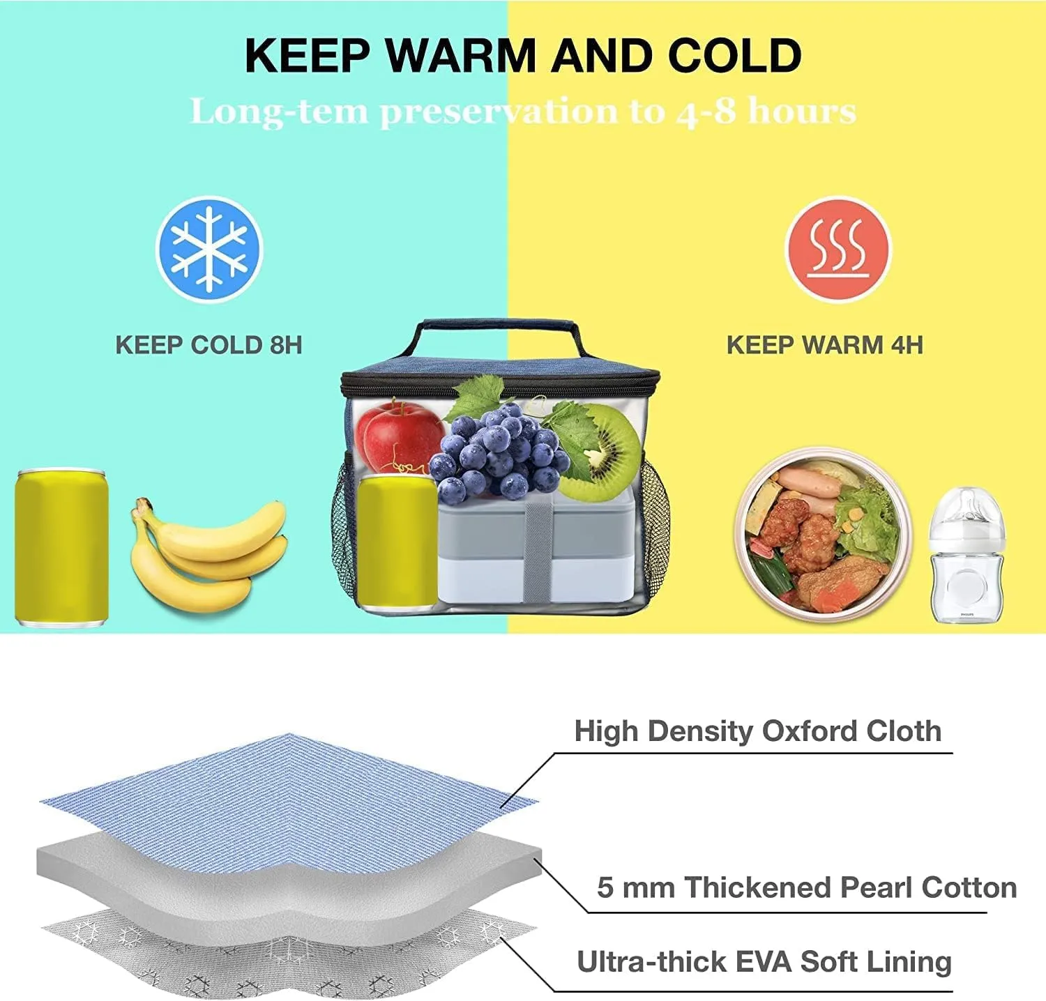 ExtraCharm Insulated Lunch Bag for Women/Men - Reusable Lunch Box for Office Picnic Hiking Beach - Leakproof Cooler Tote Bag Organizer with Adjustable Shoulder Strap for Adults - Stripe