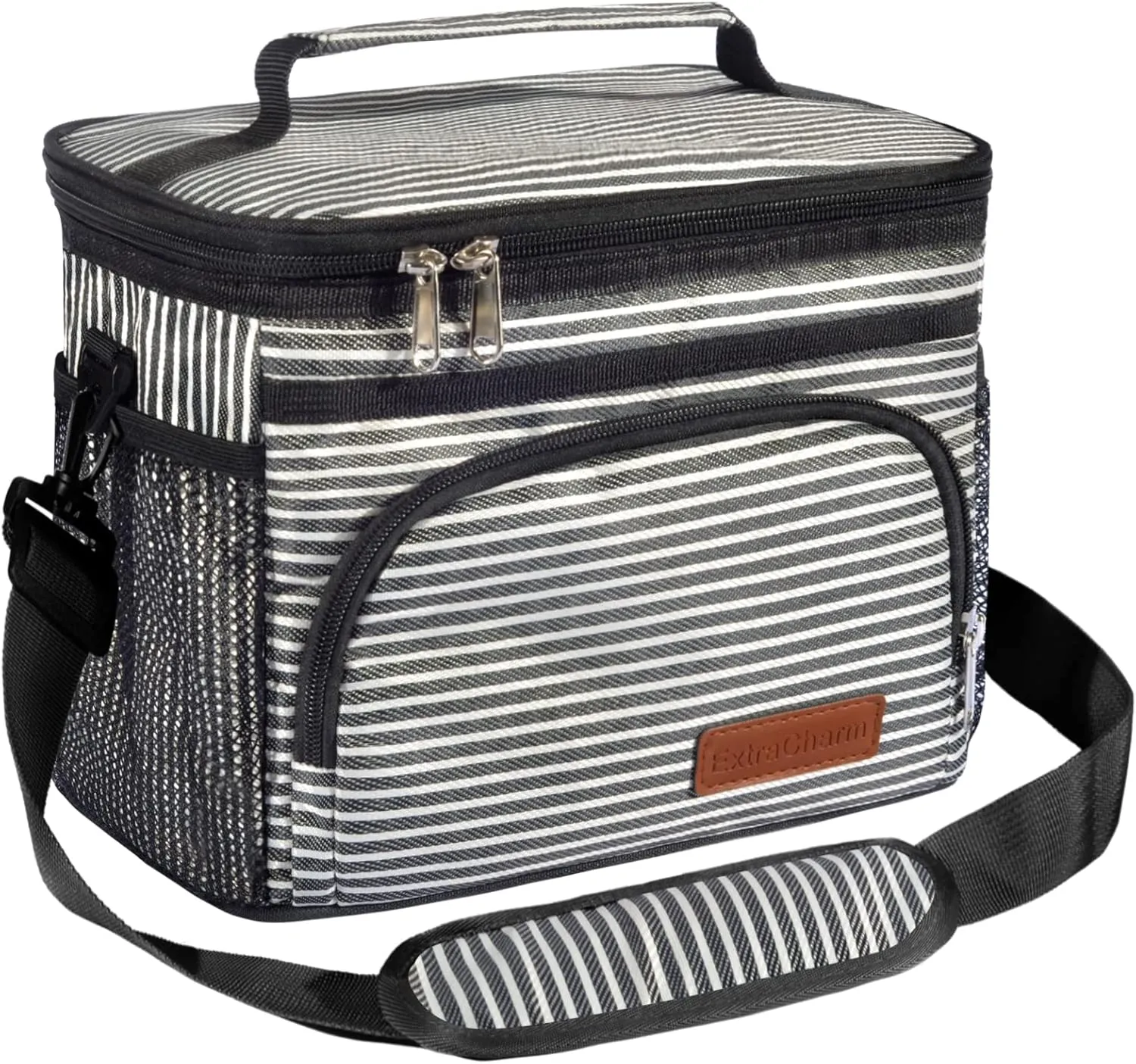 ExtraCharm Insulated Lunch Bag for Women/Men - Reusable Lunch Box for Office Picnic Hiking Beach - Leakproof Cooler Tote Bag Organizer with Adjustable Shoulder Strap for Adults - Stripe