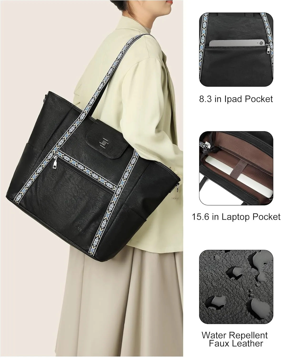 FADEON Large Laptop Tote Bag for Women Designer Leather Laptop Bag Fashion Travel Backpack Purse Shoulder Handbag