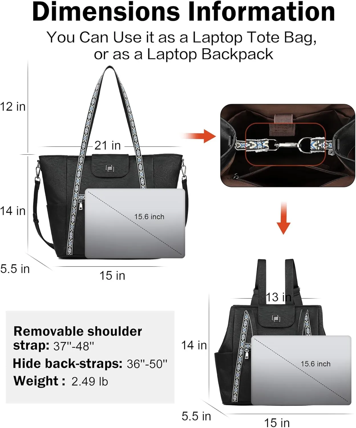 FADEON Large Laptop Tote Bag for Women Designer Leather Laptop Bag Fashion Travel Backpack Purse Shoulder Handbag