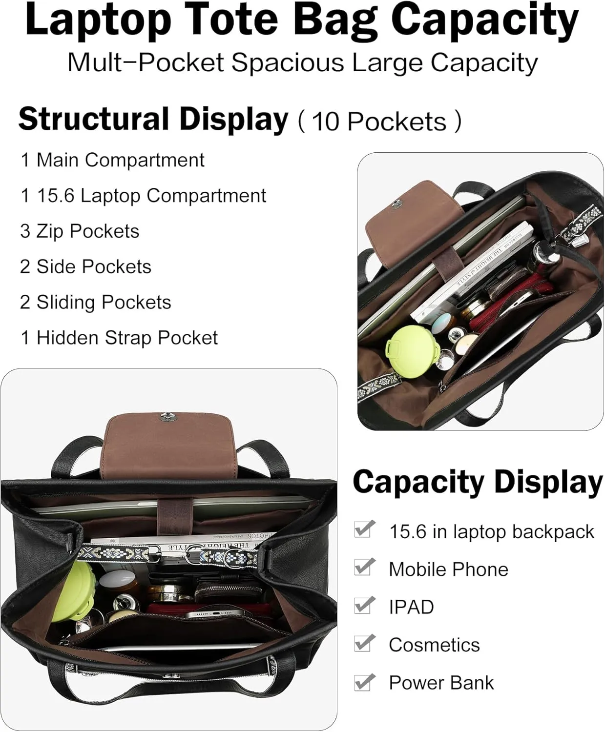 FADEON Large Laptop Tote Bag for Women Designer Leather Laptop Bag Fashion Travel Backpack Purse Shoulder Handbag