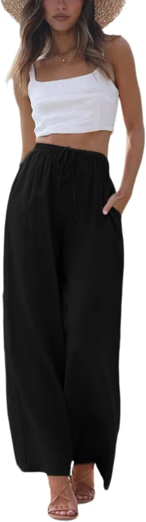 Faleave Women's Cotton Linen Summer Palazzo Pants Flowy Wide Leg Beach Trousers with Pockets