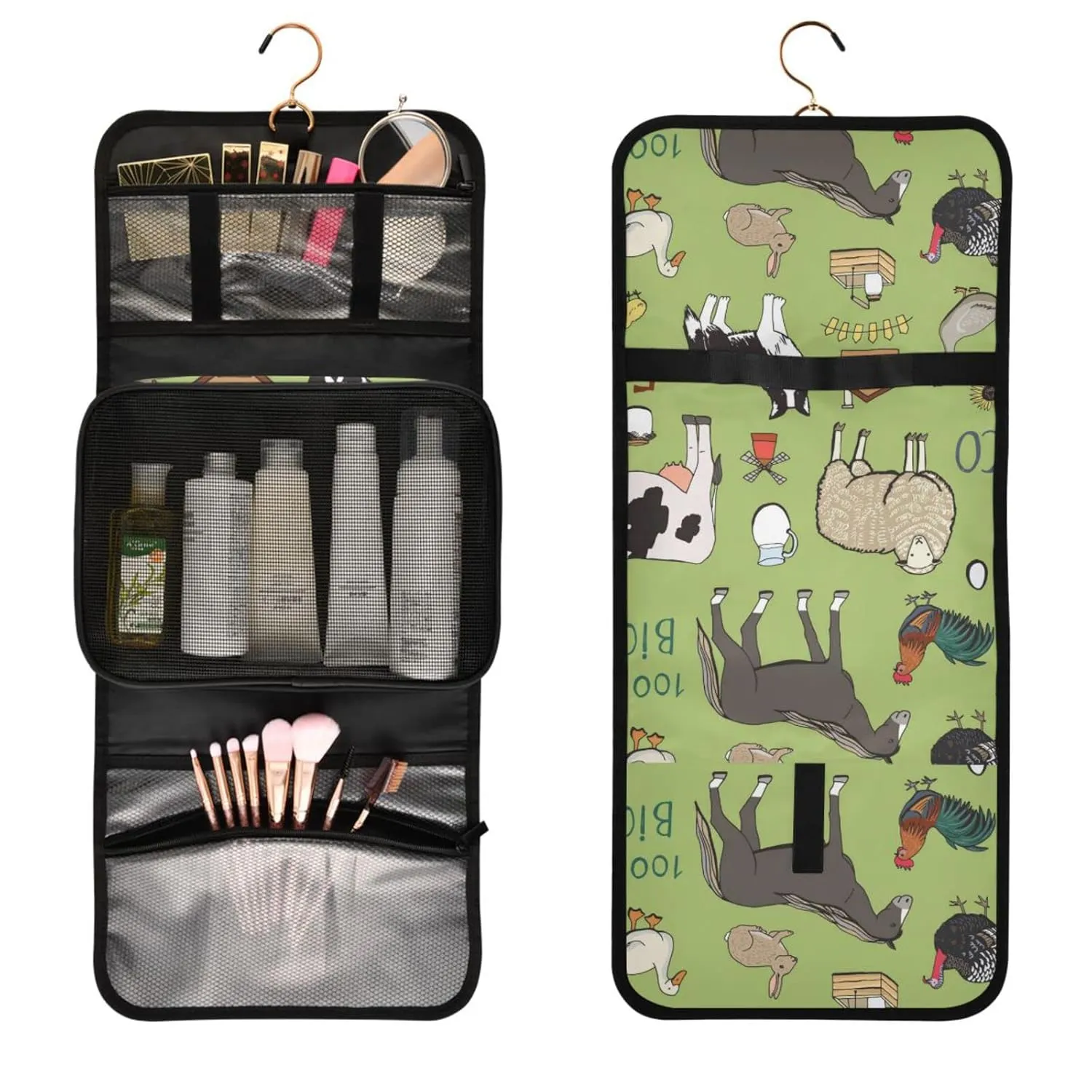 Farm Rooster Milk Cow Donkey Pig Sheep Cat Dog Rabbit on Green 1 PC Hanging Toiletry Wash bag Portable Makeup Organizer Brush Storage Case Portable Travel Cosmetic with Hook